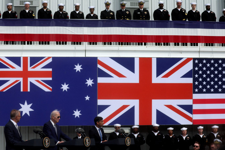 United States President Joe Biden (second left), Australian Prime Minister Anthony Albanese (left) and United Kingdom Prime Minister Rishi Sunak deliver remarks on the Australia-United Kingdom-US (AUKUS) partnership after a trilateral meeting at Naval Base Point Loma in San Diego, California, the US, on March 13, 2023.
